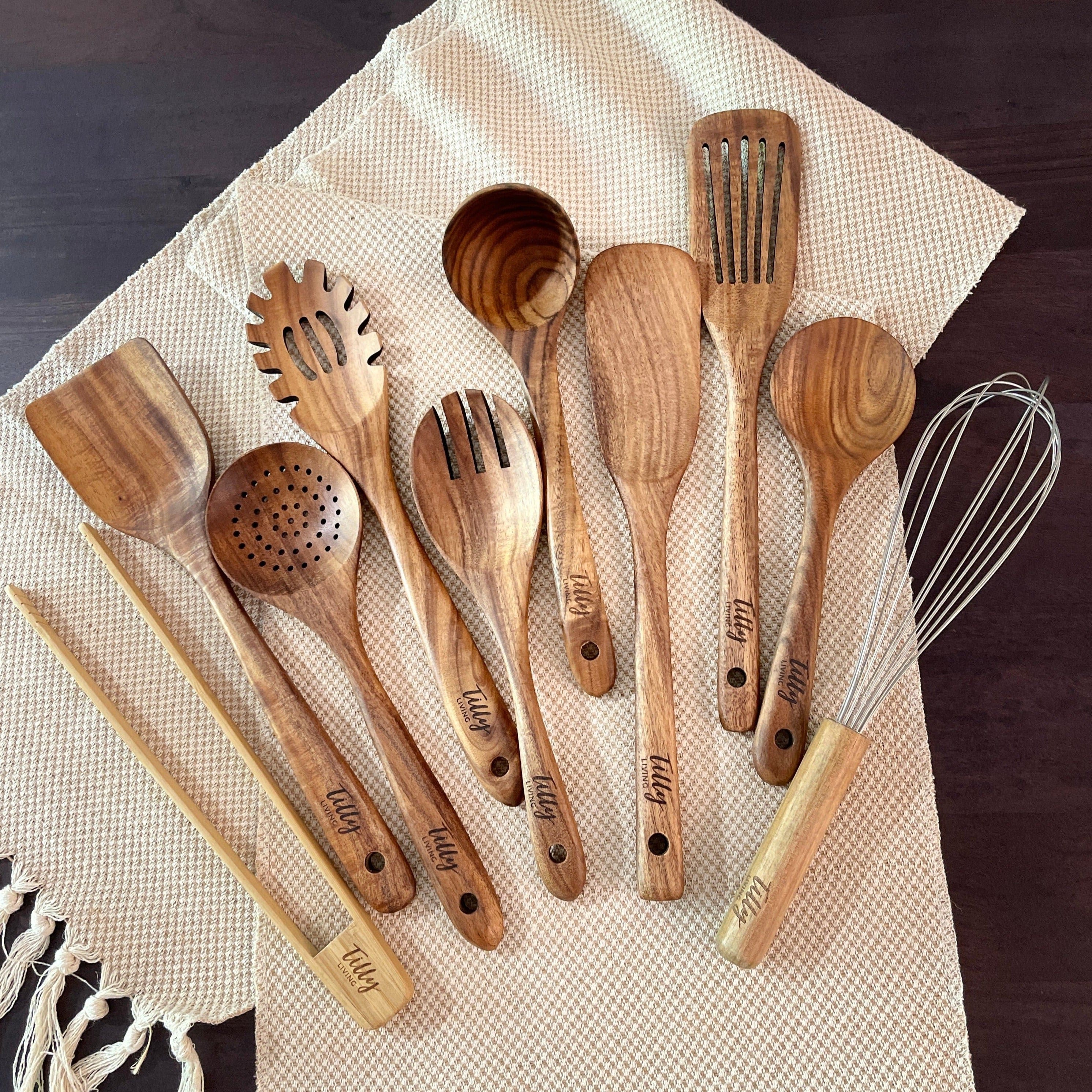 10 Piece Teak Wooden Utensil Set + Caddy Bundle - Image 3