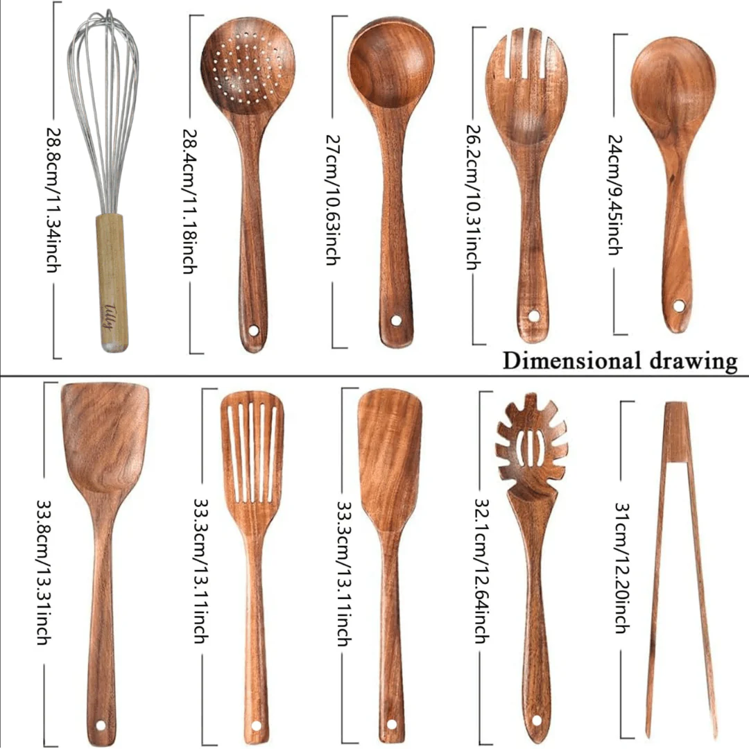 10 Piece Teak Wooden Utensil Set + Caddy Bundle - Image 5